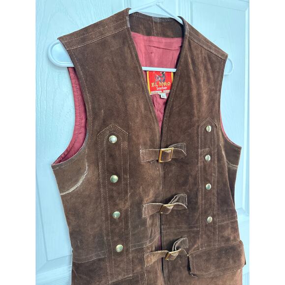 Vintage EL TORO leather Suede buckle closing brown long vest medium - Picture 4 of 12